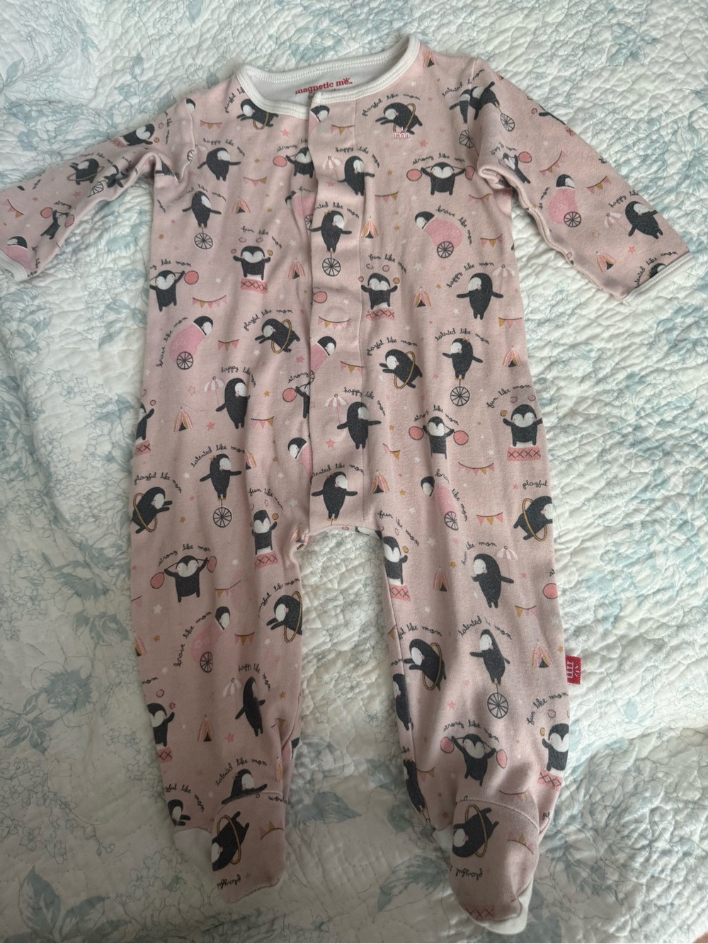 Magnetic Me Pink Penguin-Print Footed One-Piece